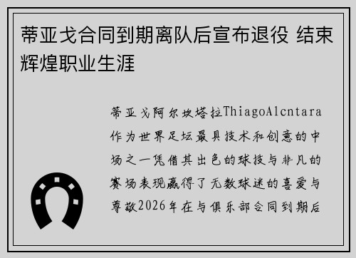 蒂亚戈合同到期离队后宣布退役 结束辉煌职业生涯 蒂亚戈合同到期离队后宣布退役 结束辉煌职业生涯